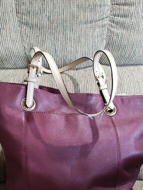 MICHAEL Michael Kors Plum Leather Tote with Cream Straps and Gold Hardware